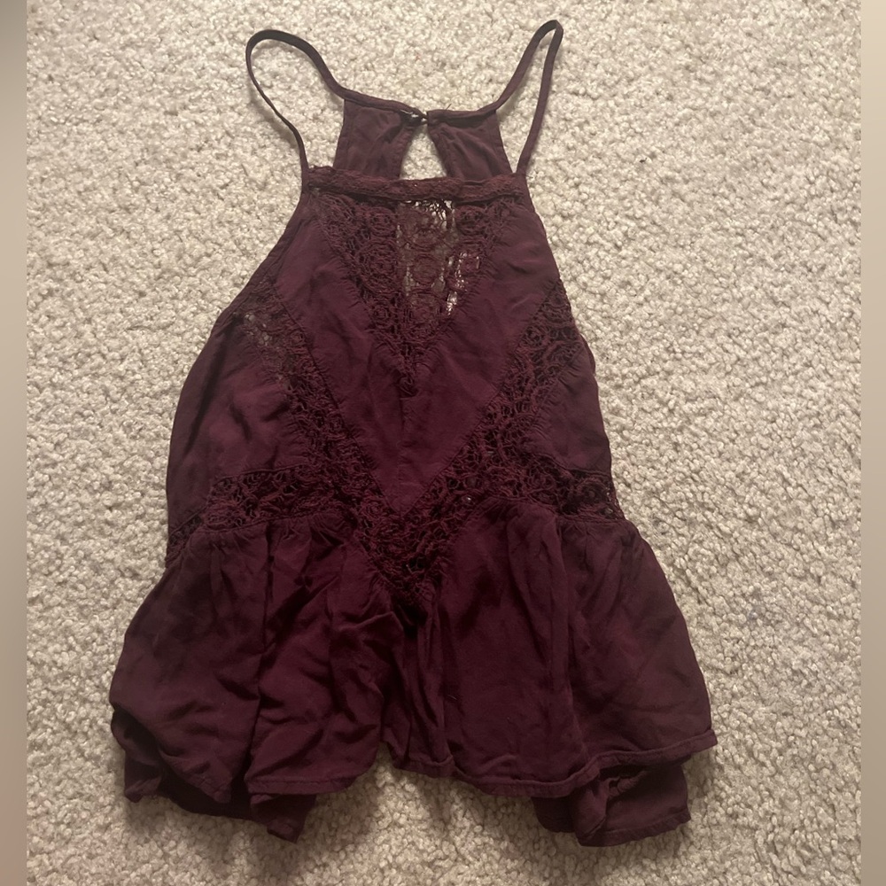 LA Hearts Maroon Crochet Lace and Ruffled Peplum Top